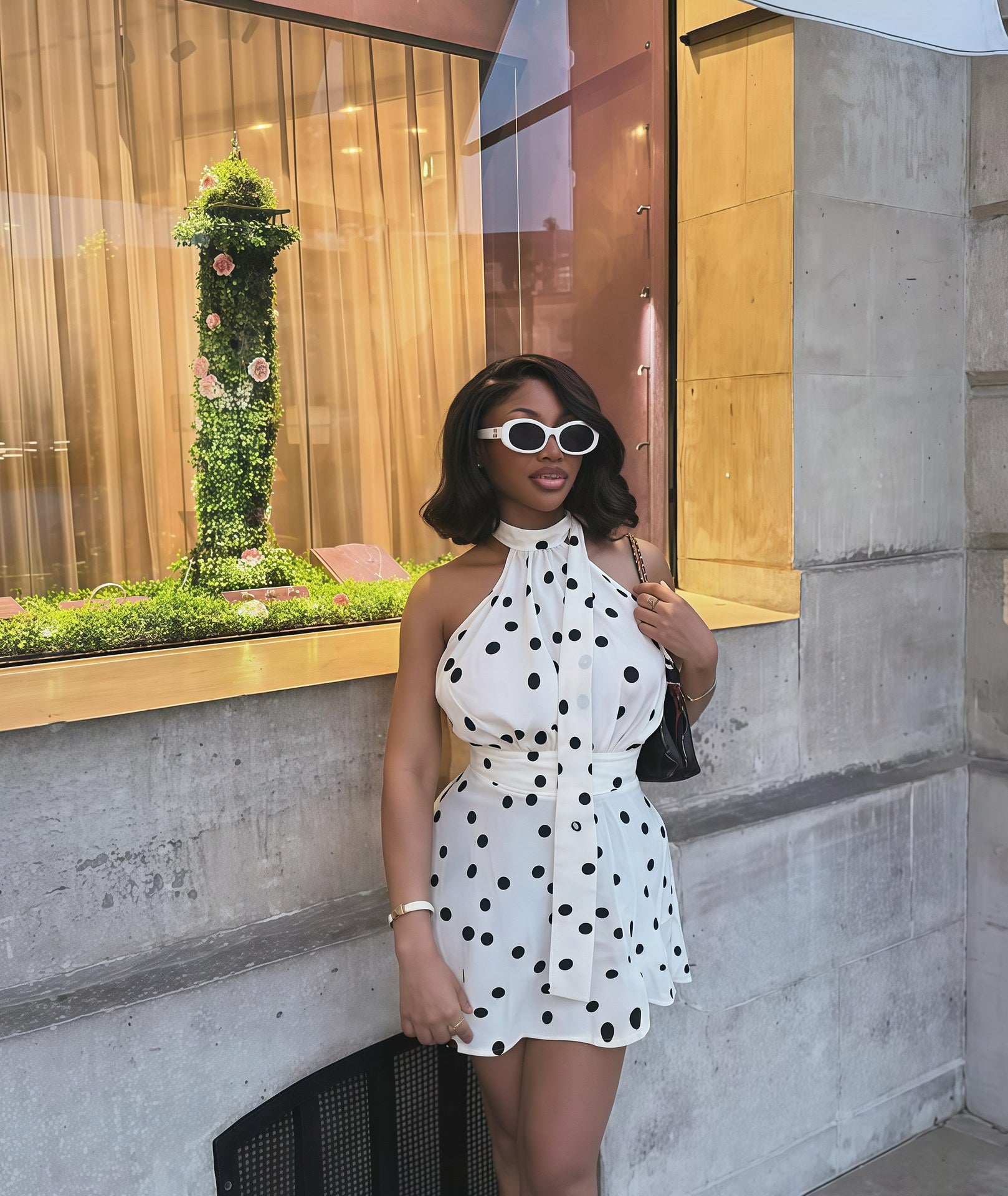 Women's Autumn Sleeveless Halter Neck Low Back Polka Dot Print Slim Waist Short Dress 7