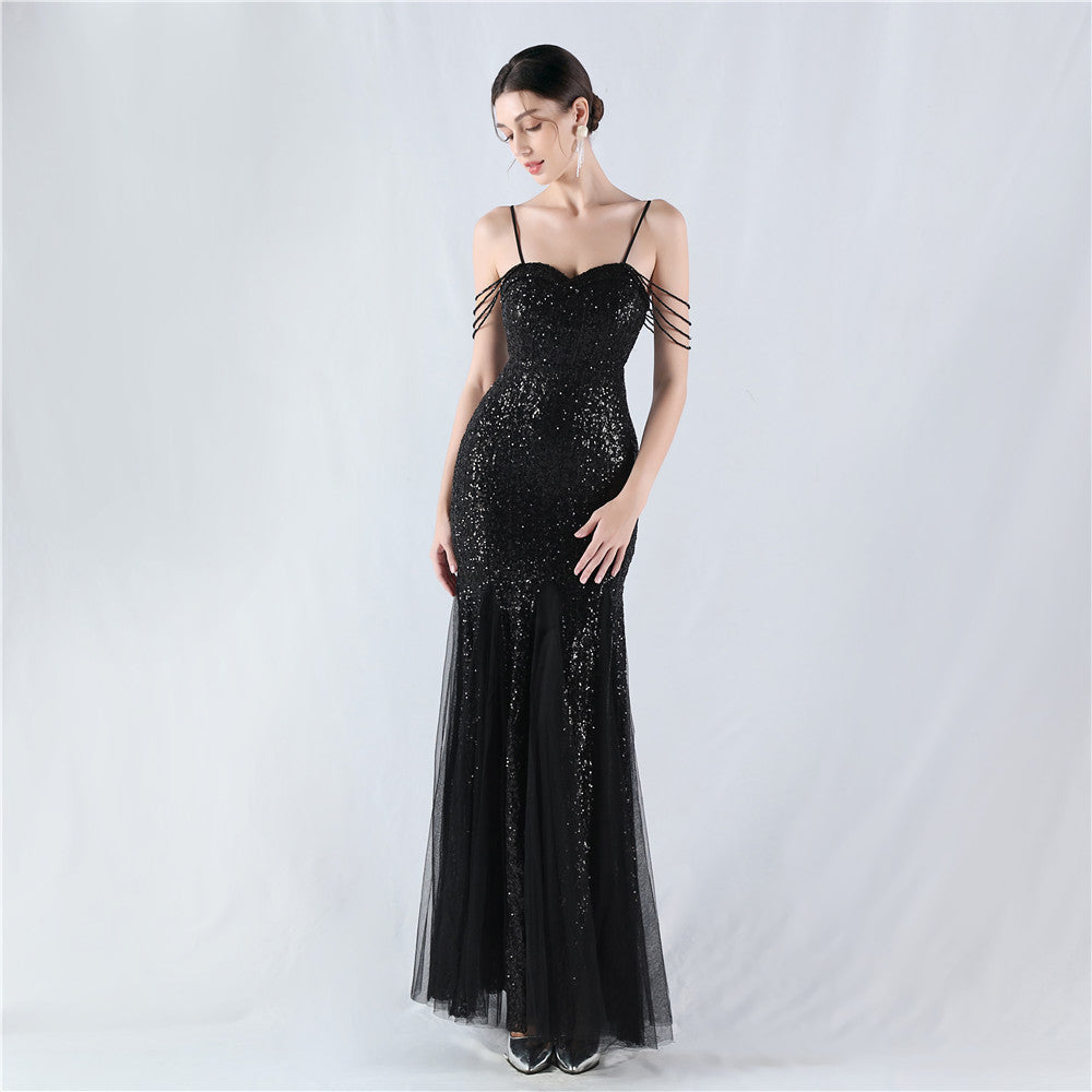 Strap Beading Mesh Sequin Evening Dress 4