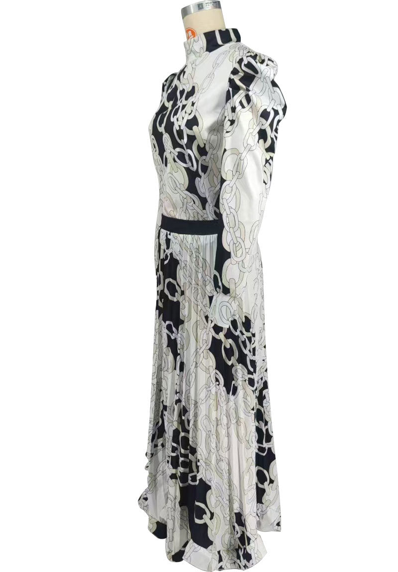 Women Fall Casual Long Sleeve Pleated Print Top and Skirt Two-Piece Set 9