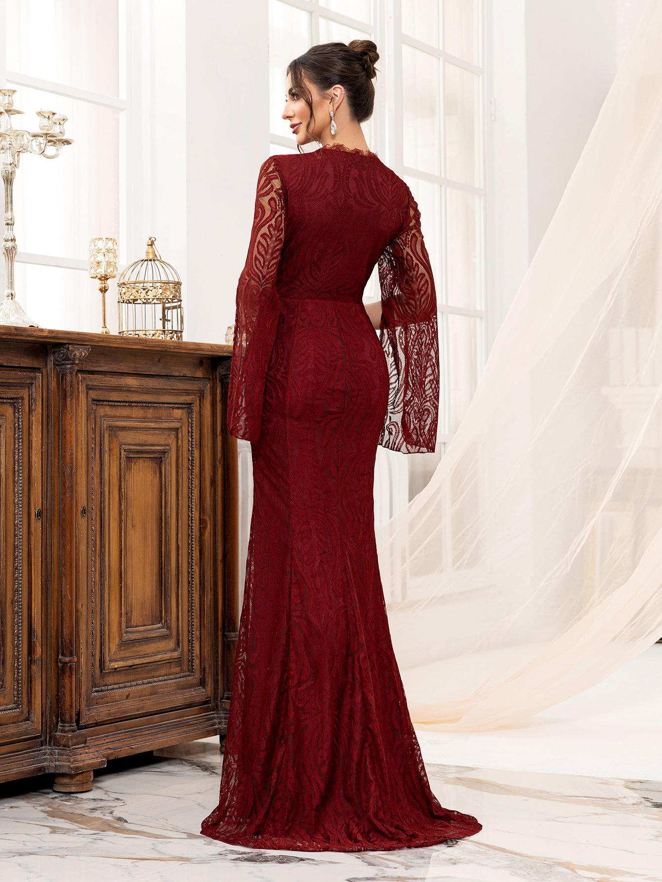 Burgundy Bridesmaid Dress Sexy Slim Fishtail Formal Evening Gown 4
