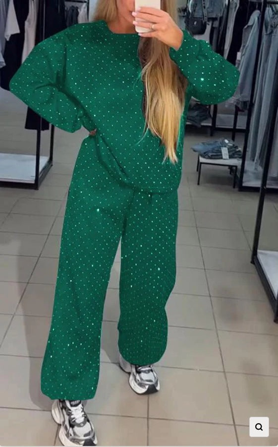 Autumn Winter Women's Clothing Casual Round Neck Long Sleeve Beaded Two Piece Pants Set 4
