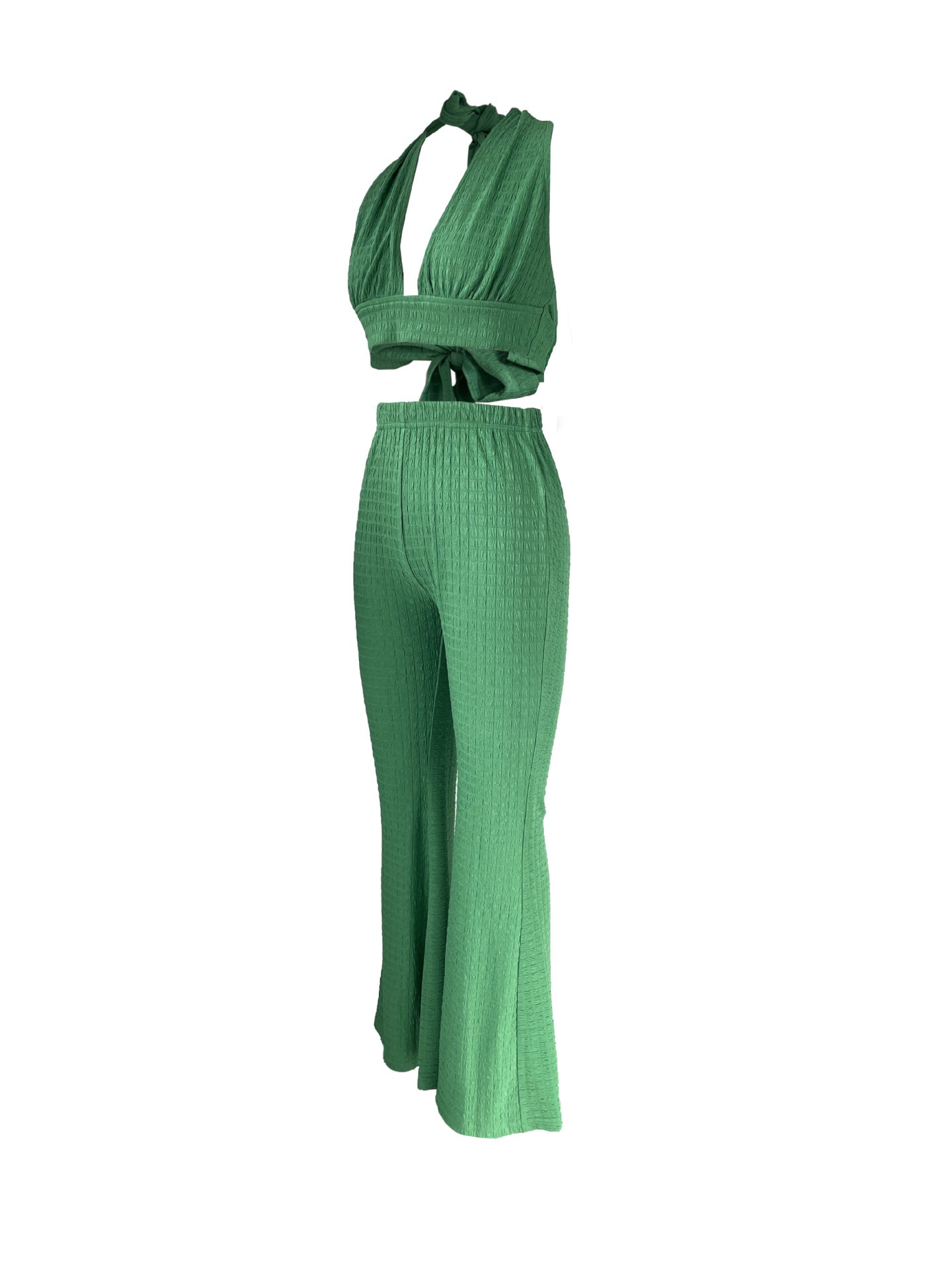 Women Sleeveless Halter Neck Sexy Backless Top and Bell Bottom Pant Two-piece Set 7