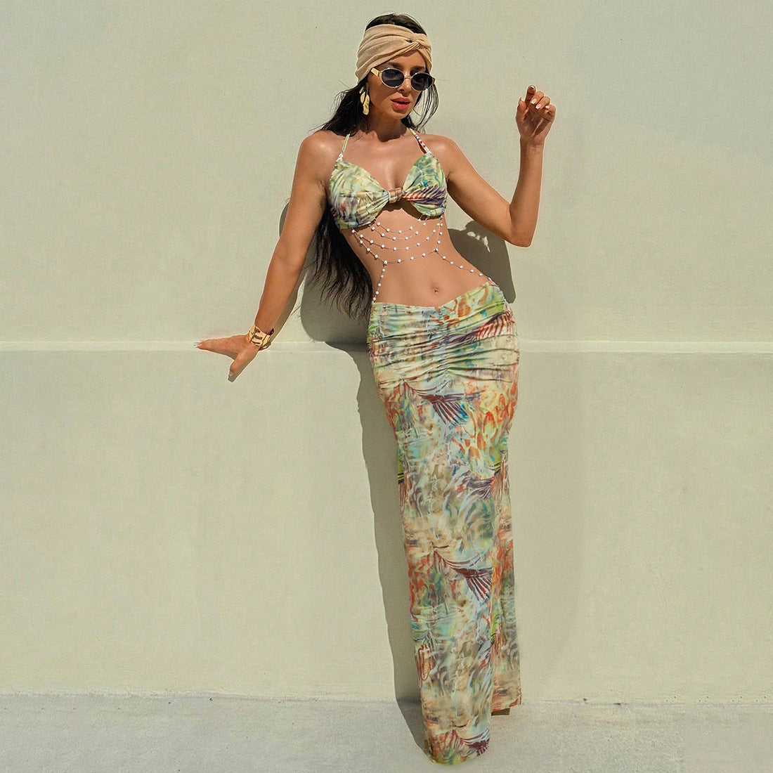 Women's Spring Halter Neck Tie Beaded Chain Slim Low Back Sexy Dress 3