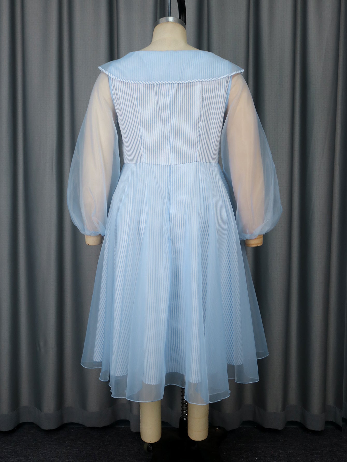 High-Waist Plus Size Women's Contrast Color Woven Striped Bubble Long-Sleeve A-Line Dress 6