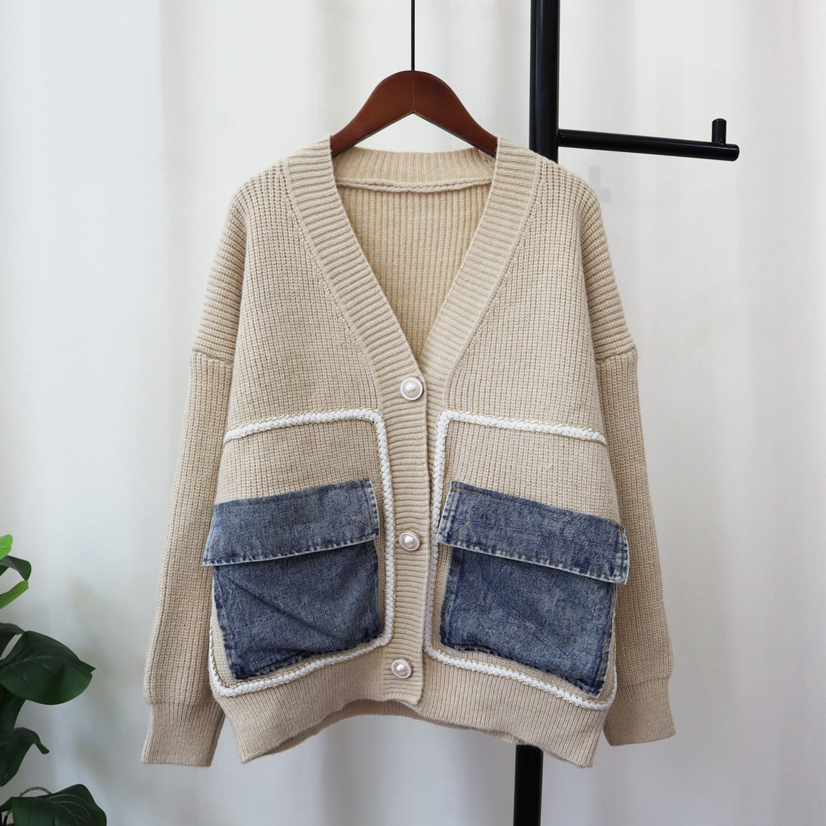 Autumn And Winter Denim Pocket Knitting Cardigan Loose Chic Wool Coat 3