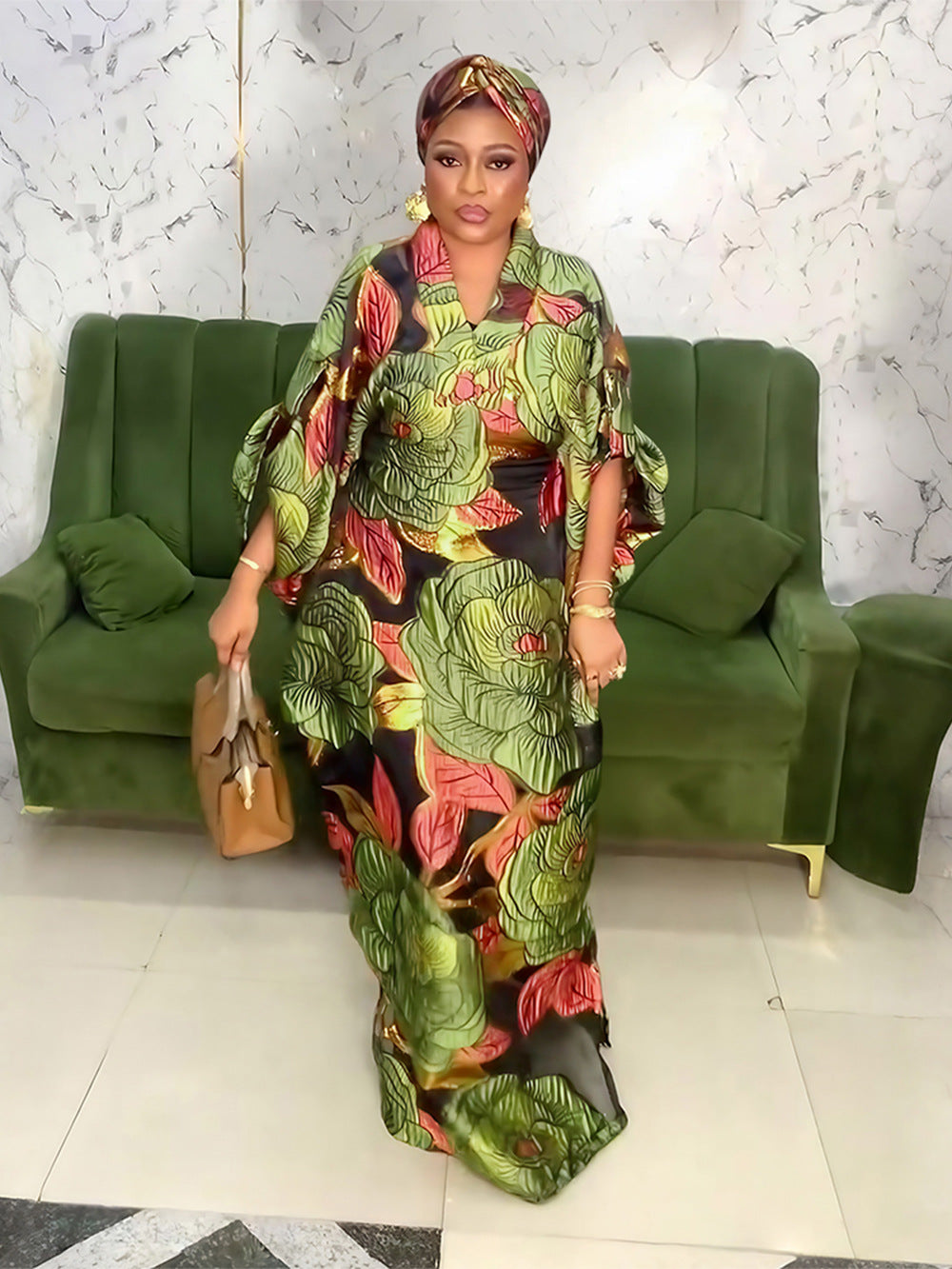 Plus Size Women African Ethnic Printed Robe and Headband Dress