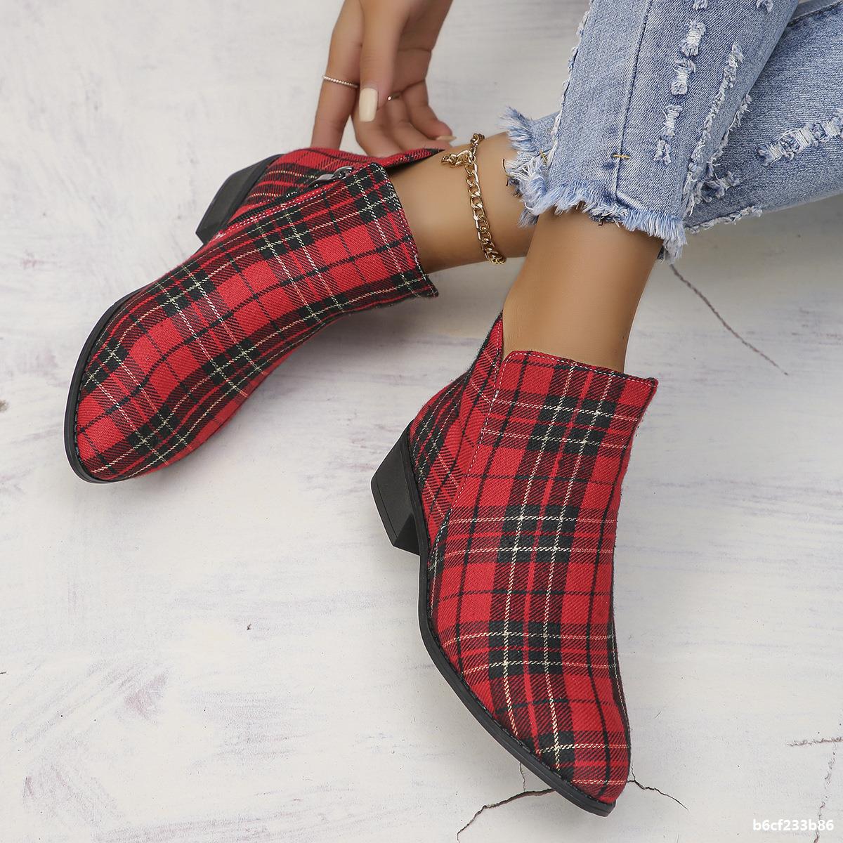 Women Vintage Red Plaid Fashion Boots 3
