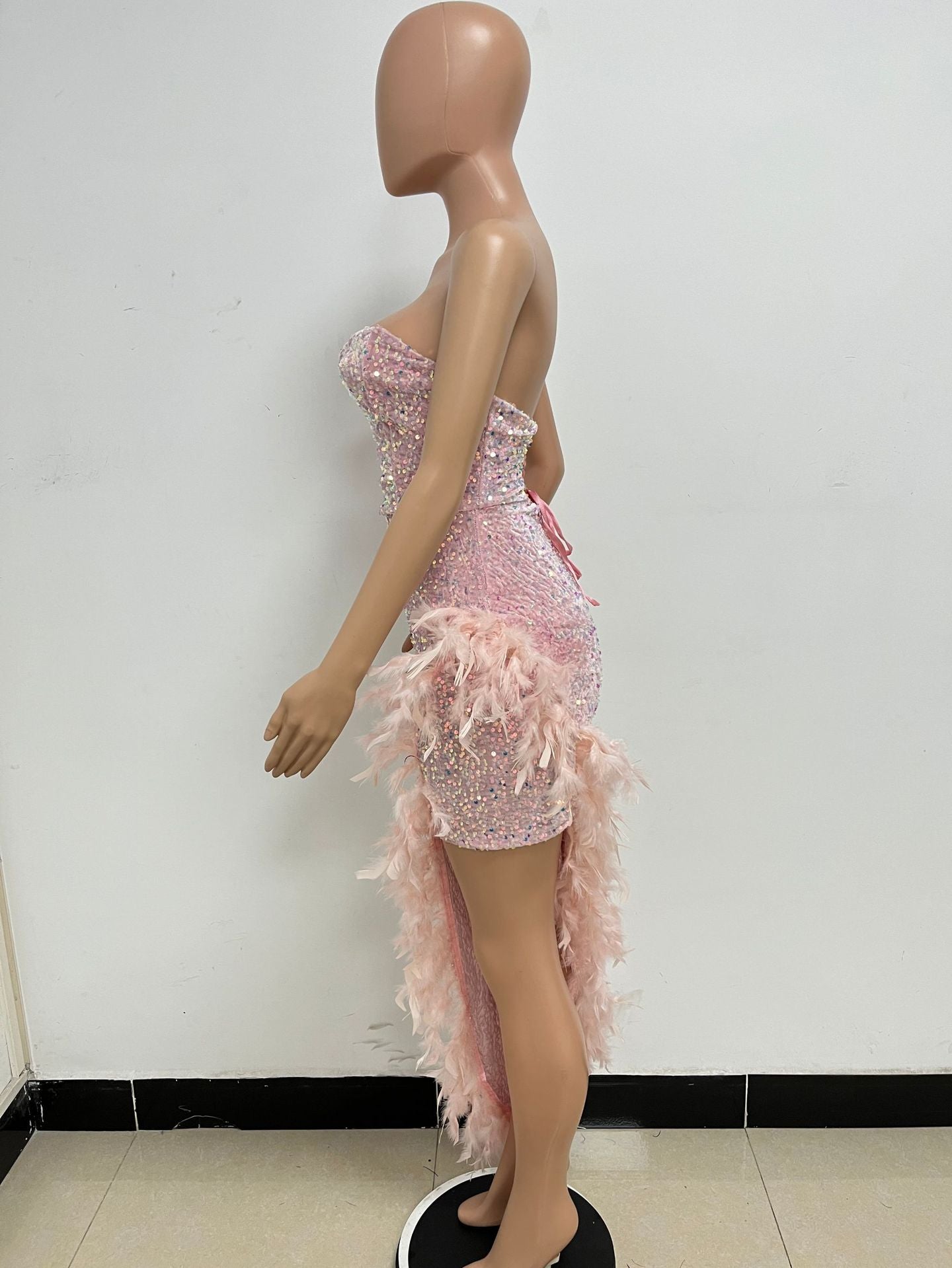 Women Sexy Off Shoulder Backless Sequin Feather Dress 50