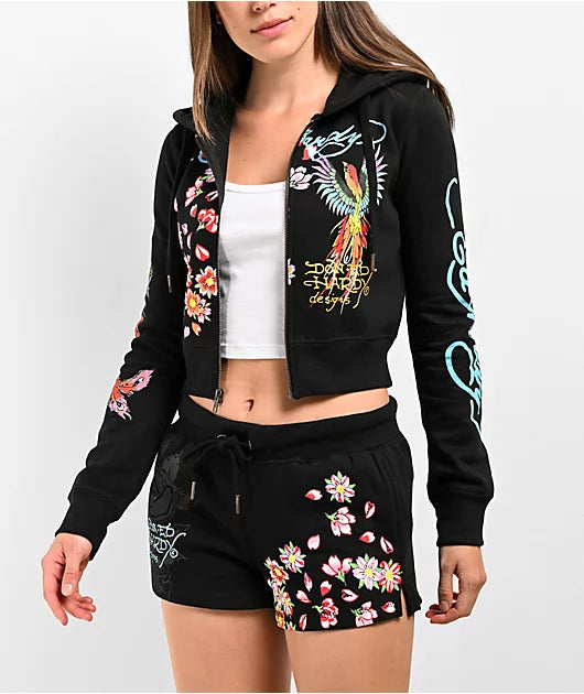 Women's Spring/Summer Print Fashion Casual Hooded Zip Long Sleeve Hooded Sports Two Piece Shorts Set 4