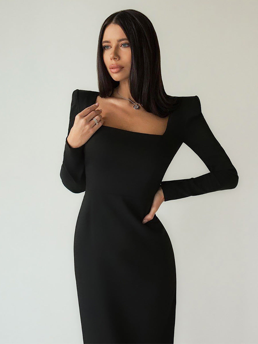 Autumn and winter French black dress Chic Slim Waist square neck long-sleeved elegant Tight Fitting long dress for women 5