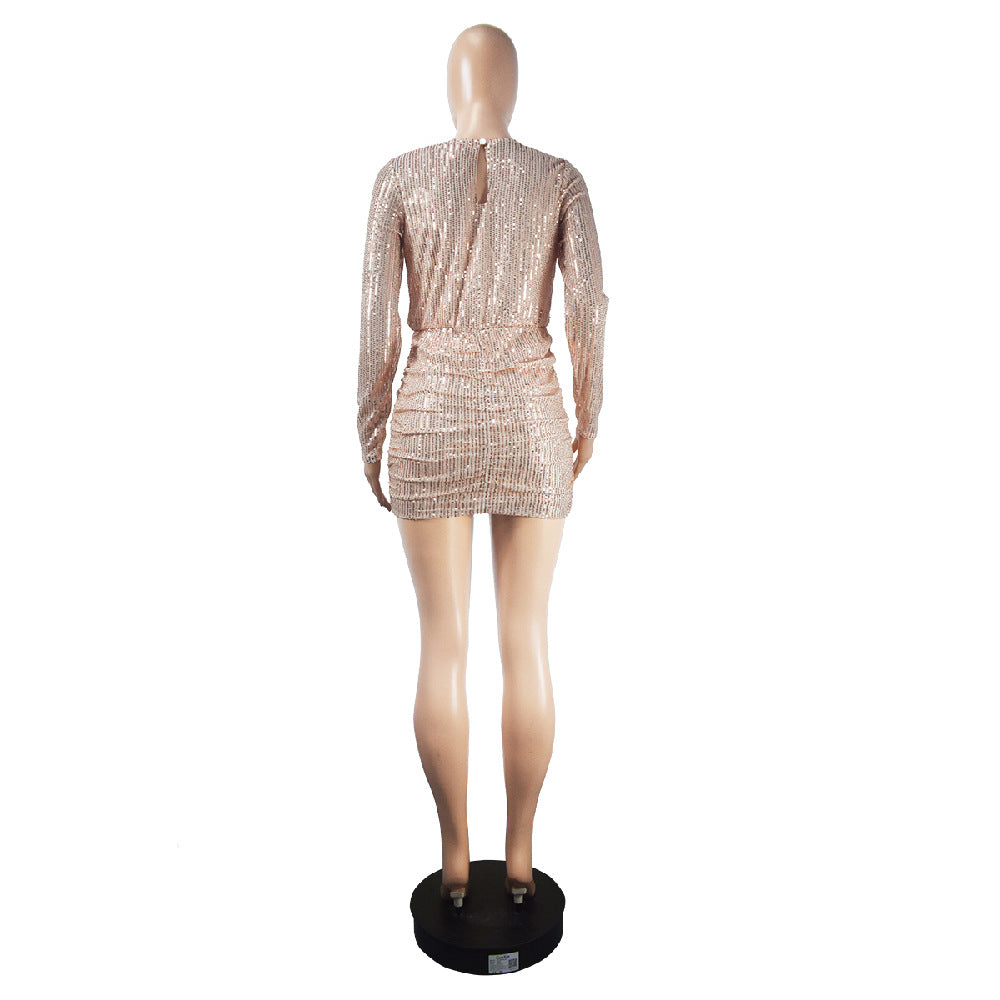 Women Sexy Sequin Long Sleeve Deep V Mini Bodycon Dress 8