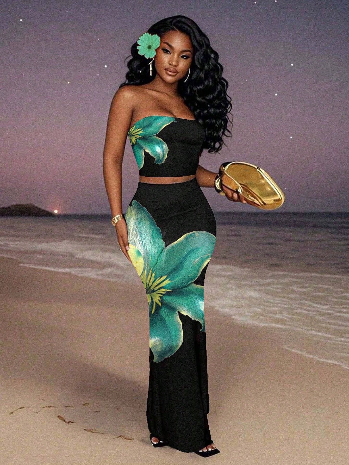 Women Casual Floral Print Sexy Strapless Top and Skirt Two-Piece Set 4