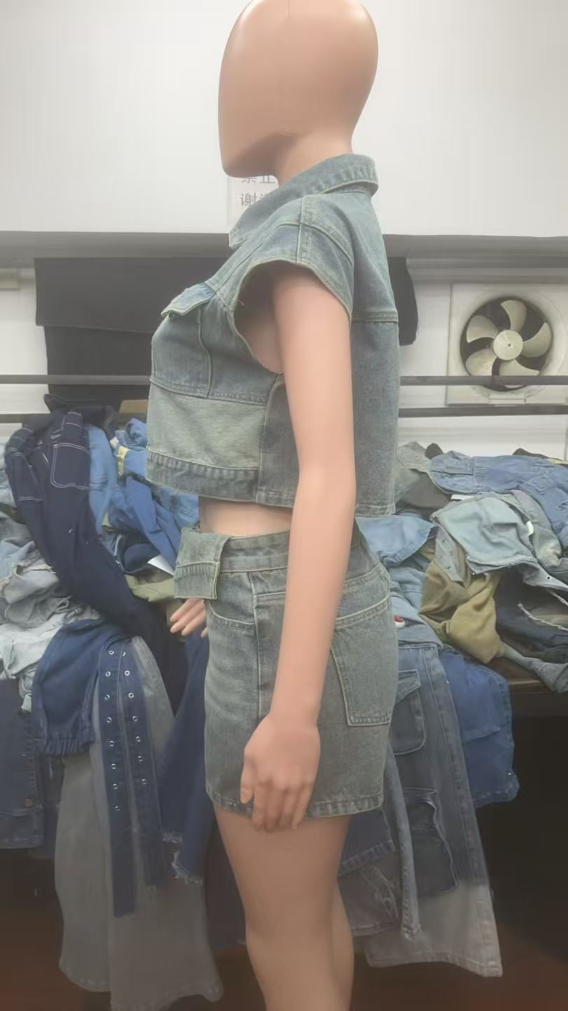 Women's fashion casual elastic denim color matching two-piece shorts set 8