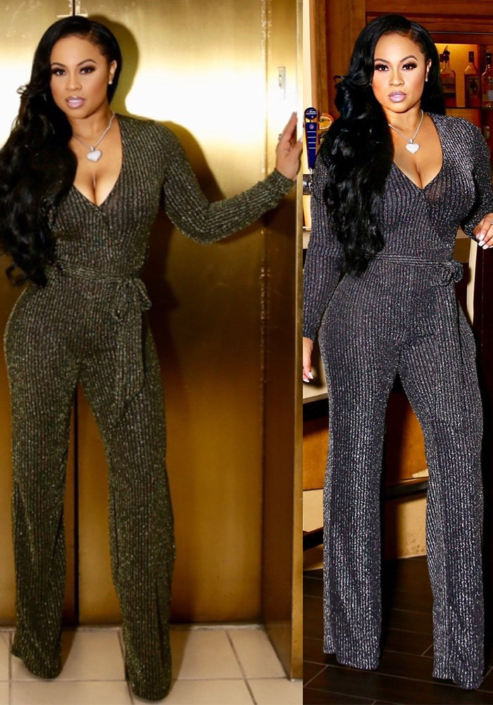 Winter Fashion V-Neck Belt Women's Jumpsuit