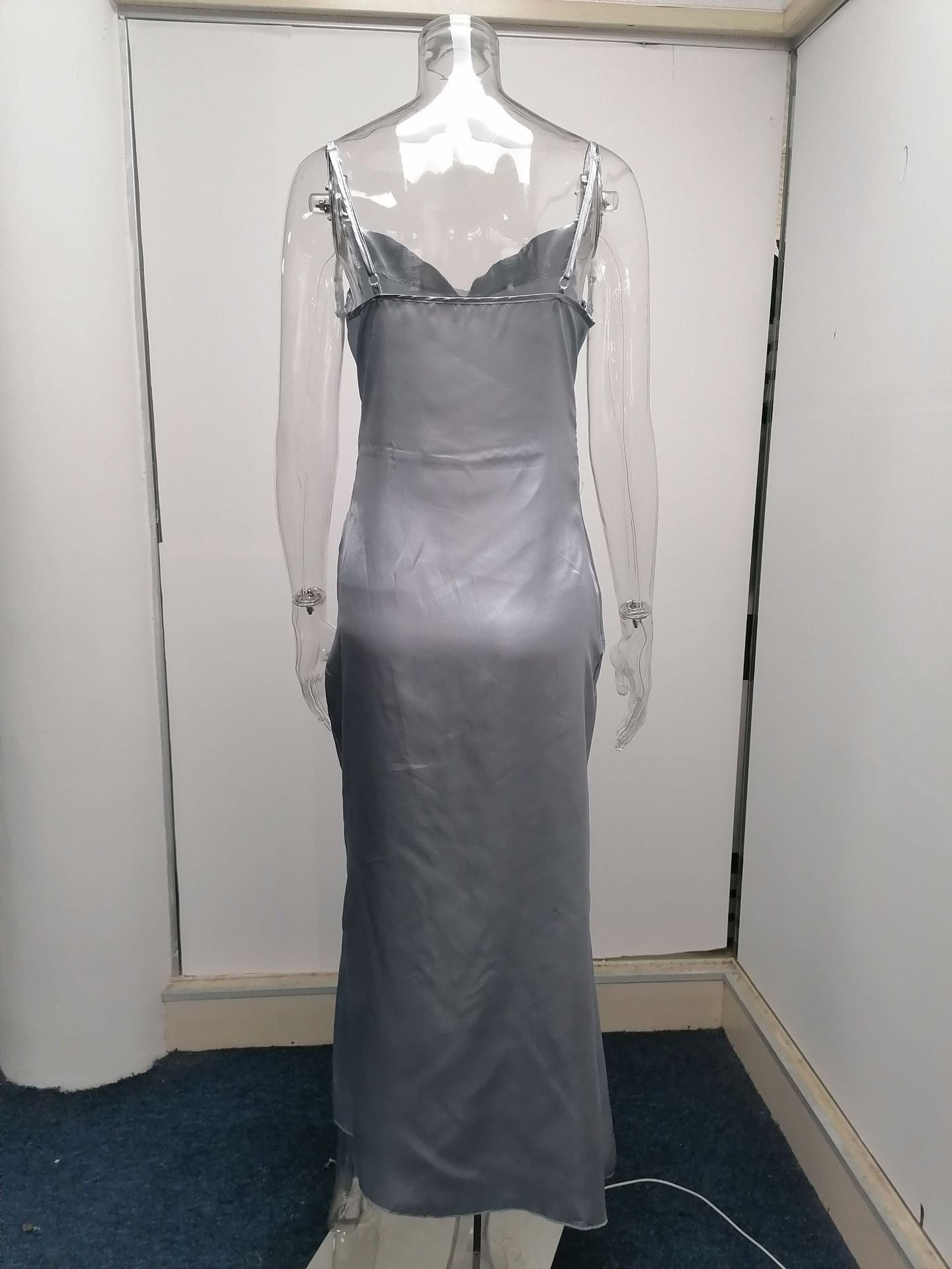 Sexy Low Cut Satin Slit Strap Dress Slim Fit Low Back Maxi Dress 29