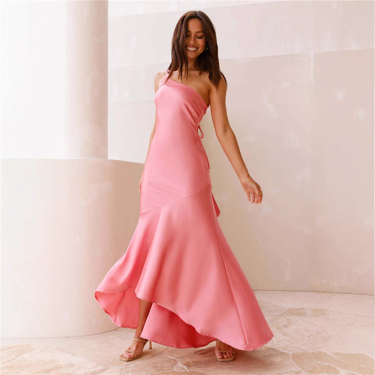 Women Spring Summer Sexy Slash Shoulder Lace-Up Backless Fishtail Dress 4