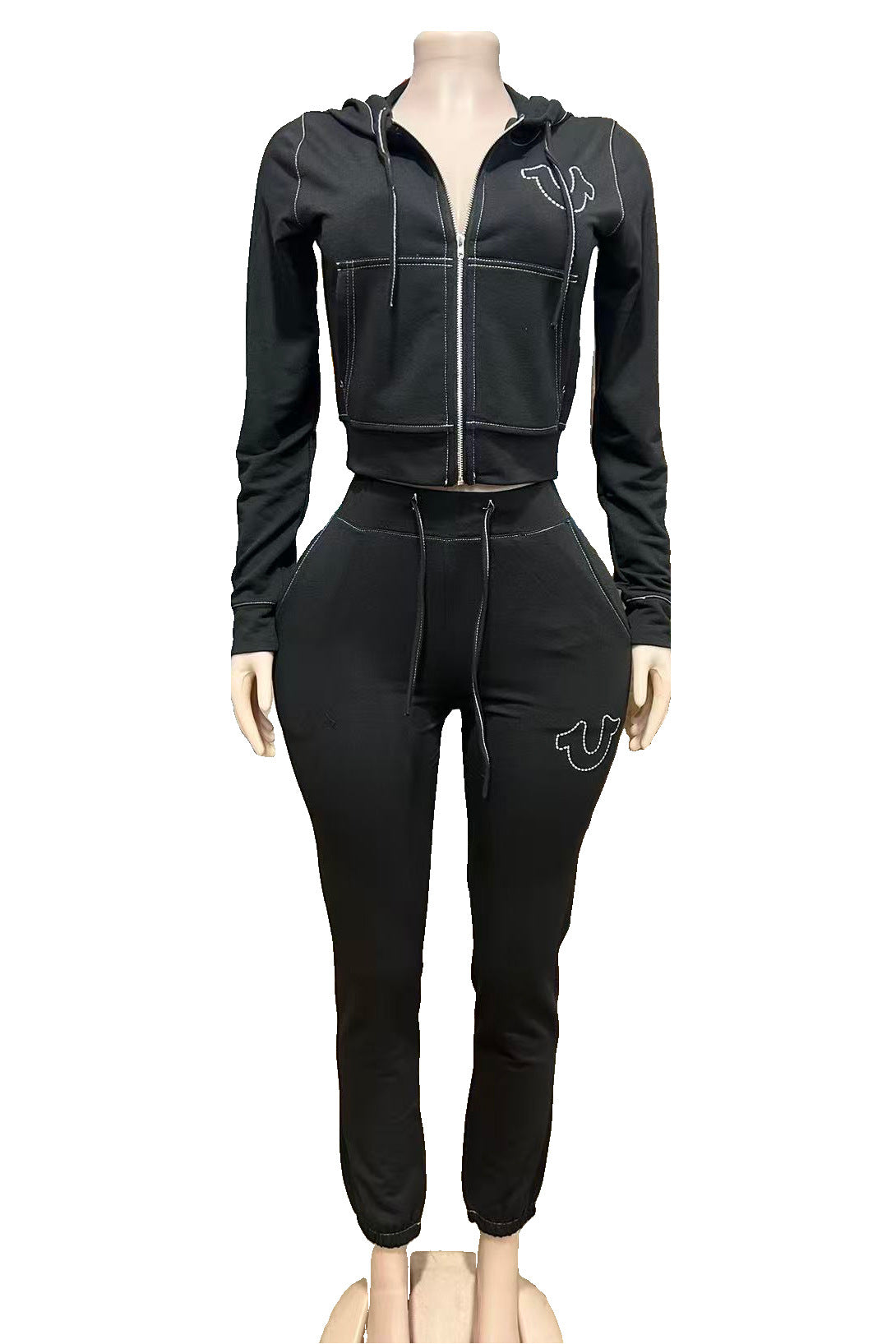 Women American Zippered Letter Print Hoodies and Pant Two-Piece Set 15