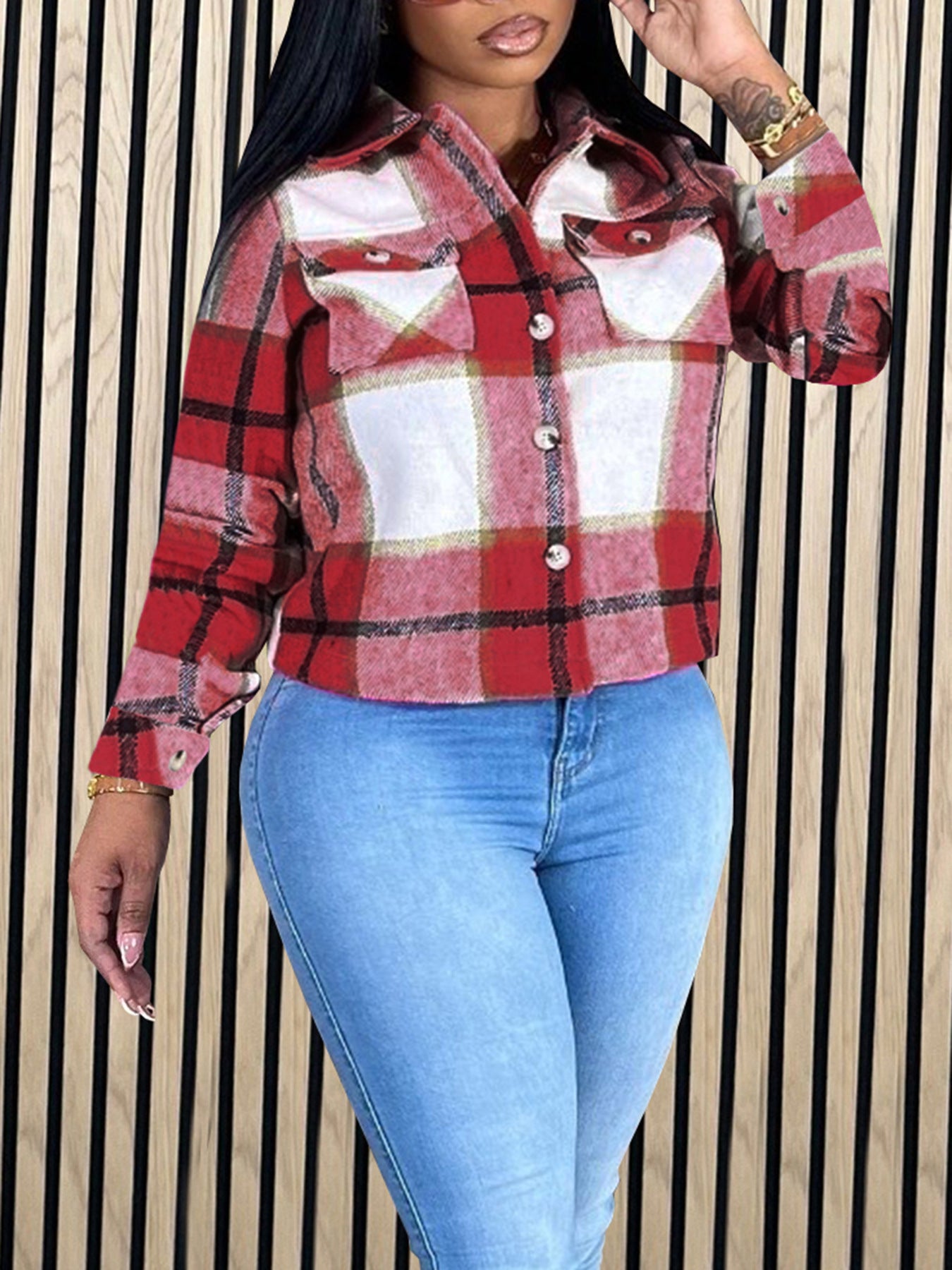 Women's Fashion Casual Plaid Shirt Coat 7