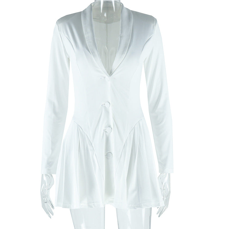 Women Sexy Solid V Neck Long Sleeve Pleated Skirt 10