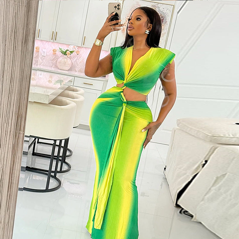 Women Patchwork pleated hollow V-neck Lace-Up Bodycon dress 3