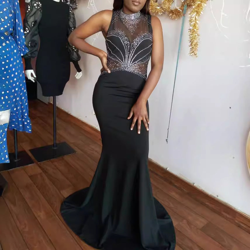 Women Sexy Beaded See-Through Patchwork Sleeveless Bodycon Dress 5