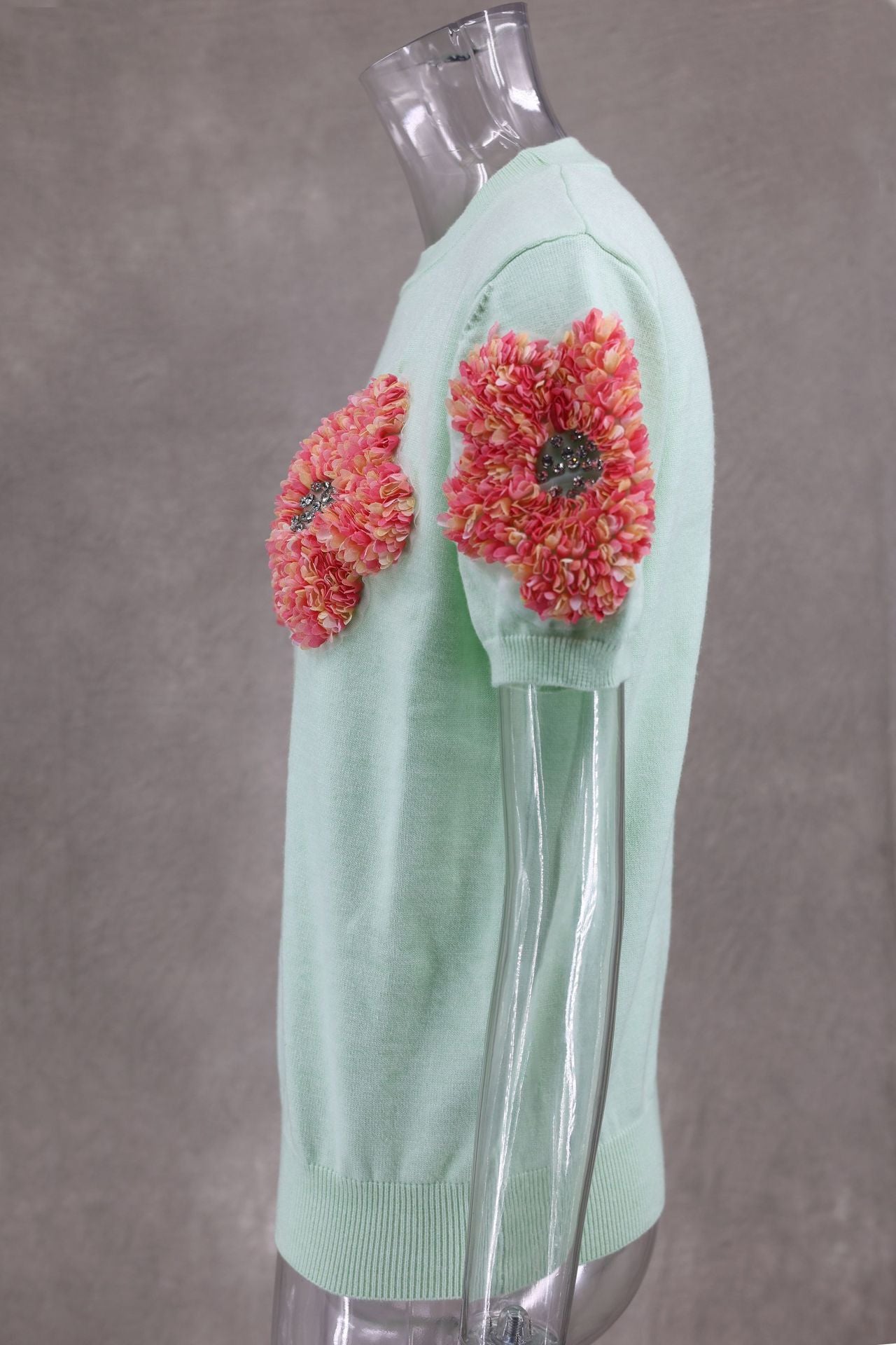 Women Contrast Color Flower Round Neck short-sleeved Top 23