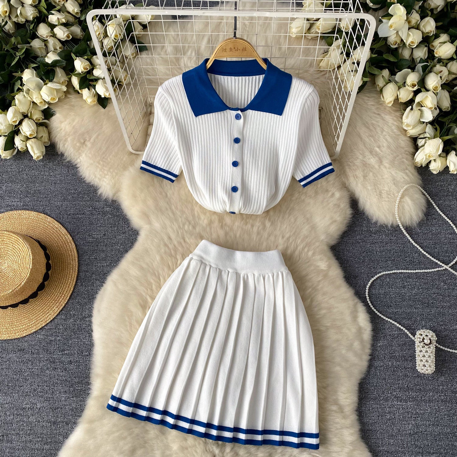 Contrast Turndown Collar Short-Sleeved Shirt Top High Waist Slim Fit Pleated Skirt Two Piece Set 6