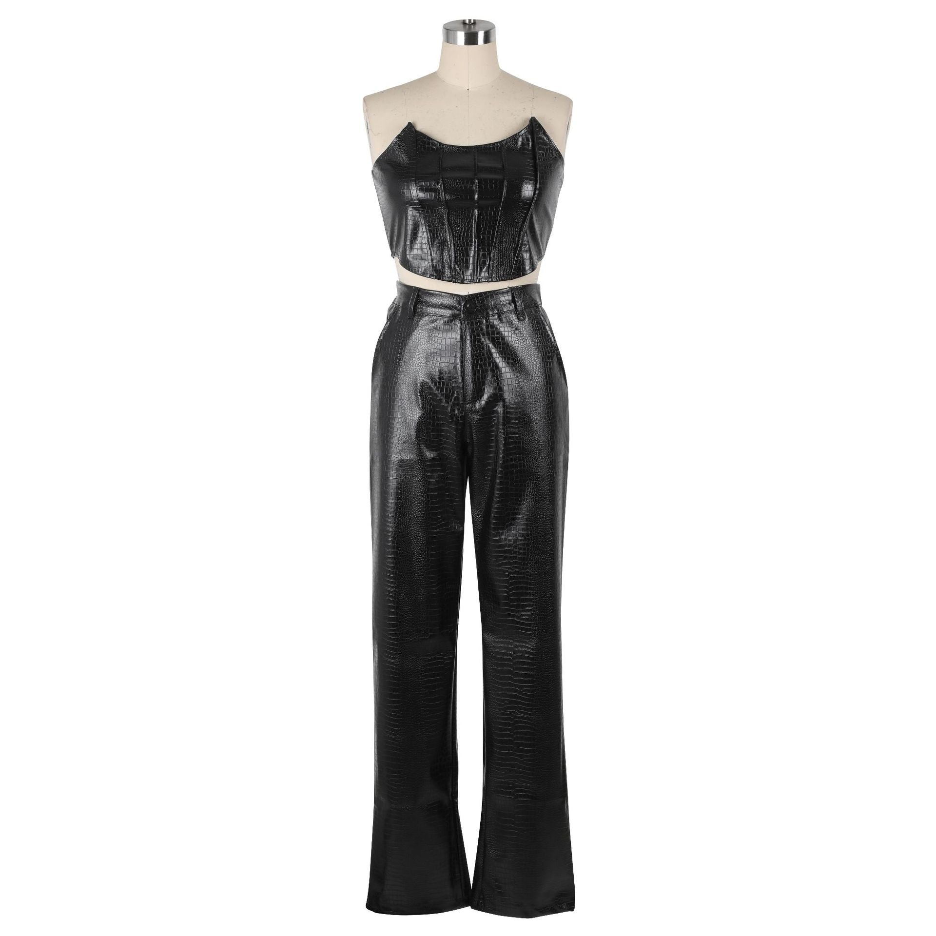 Women's Strapless Pu Leather Top And Pants Sexytwo-Piece Set 13