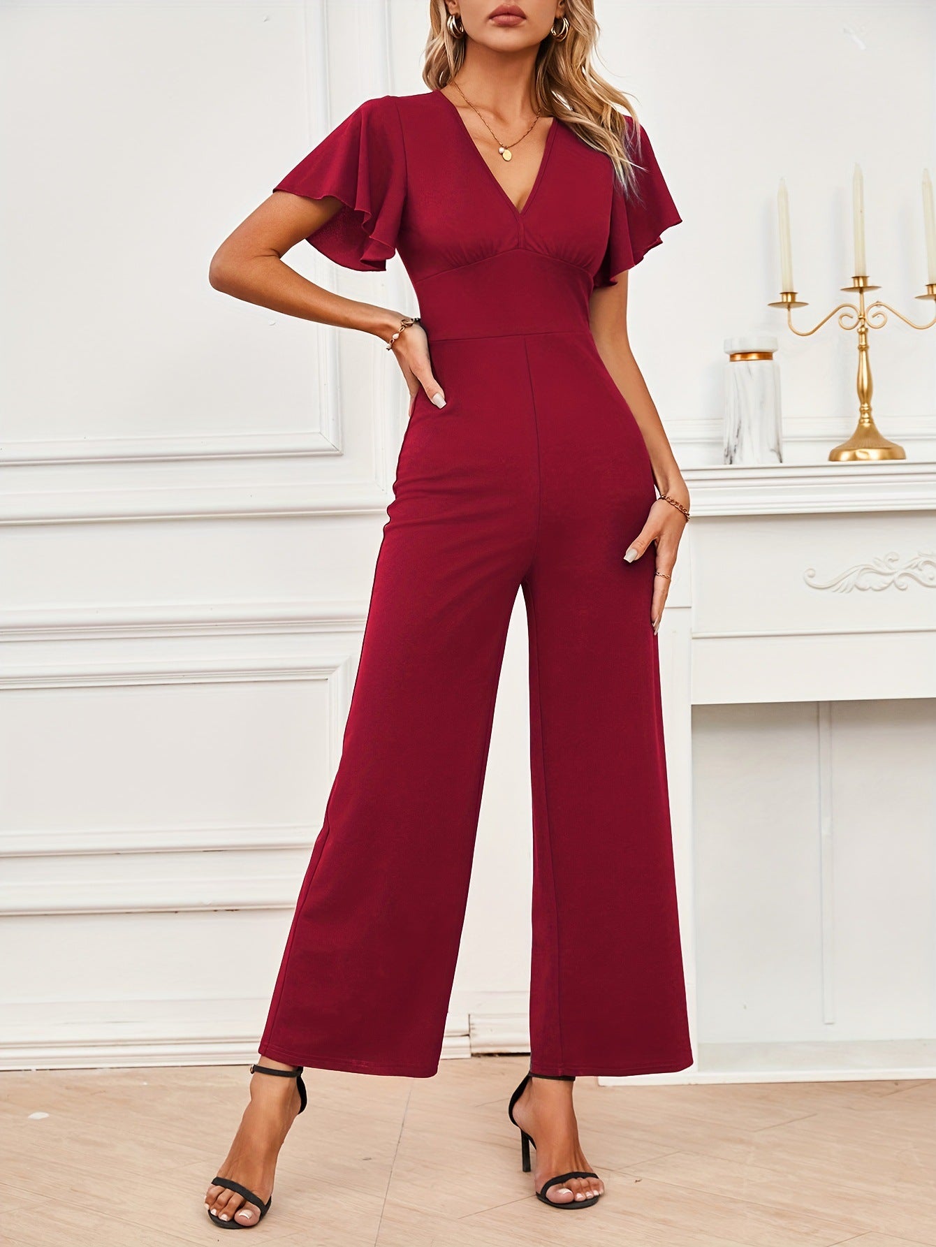 Ruffled Flying Sleeves Women's Wide-Leg Jumpsuit 4