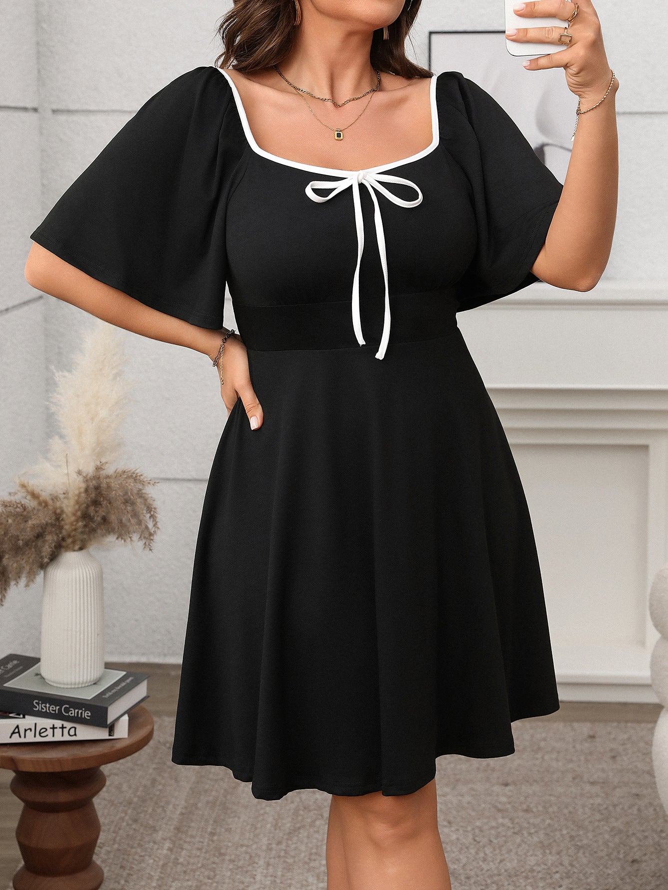 Plus Size Loose Square Neck Bow Tie Long Dress 7