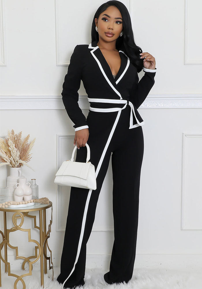 Women autumn and winter belt contrast color long-sleeved Jumpsuit