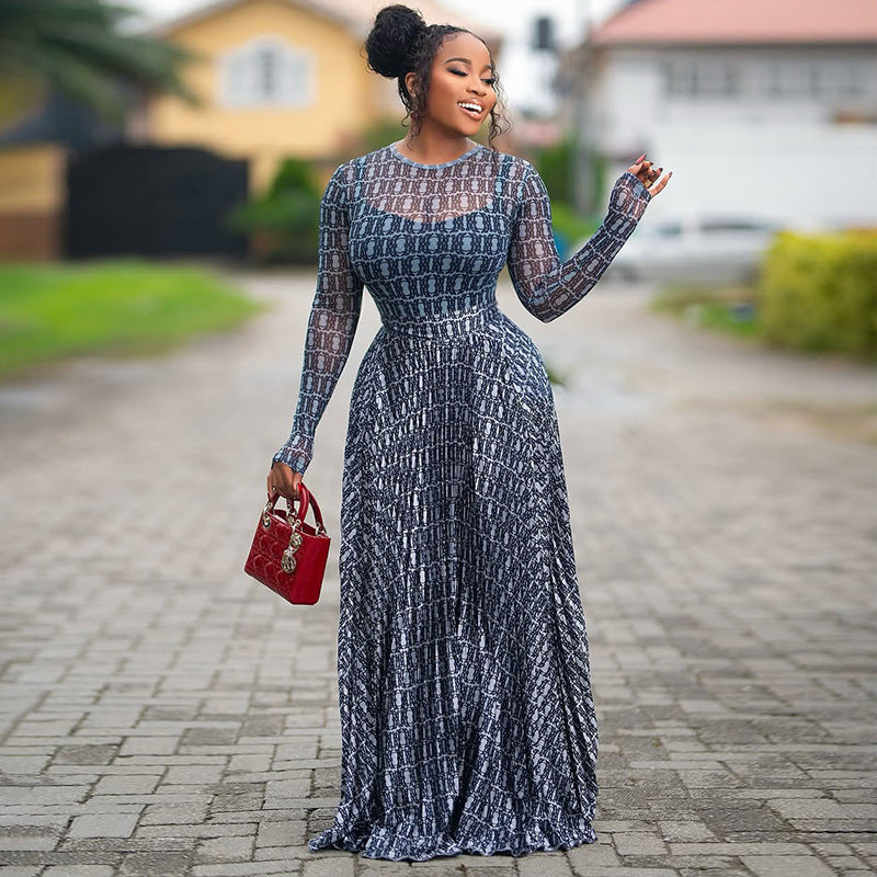 Women's Summer Print Street Round Neck Long Sleeve Slim Waist Sheer A-Line Dress