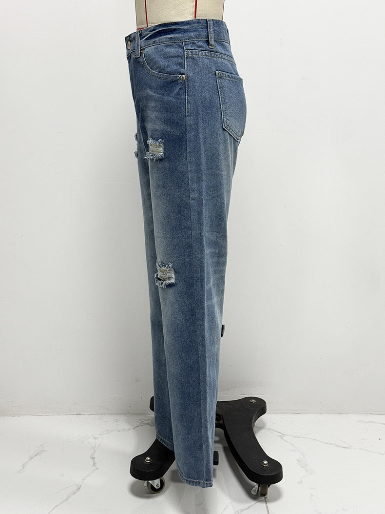 Loose High-Waist Straight Ripped Denim Women's Pants 9