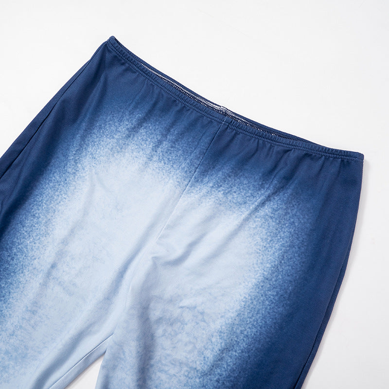 Women's Autumn Gradient Color Three Quarter Sleeve Crop Top High Waist Trousers Casual Two Piece Set 16