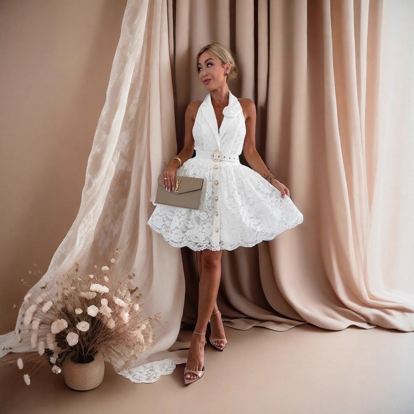 Women's Autumn Solid Color Sleeveless V-Neck Halter Neck Low Back A-line Chic Dress 4