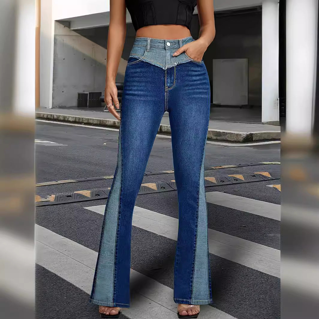 Women Patchwork Contrast Color Bell Bottom Denim Pant 5