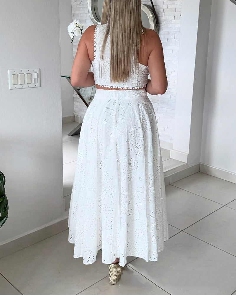 Women White Lace Sleeveless Crop Top and Skirt Two-Piece Set 5