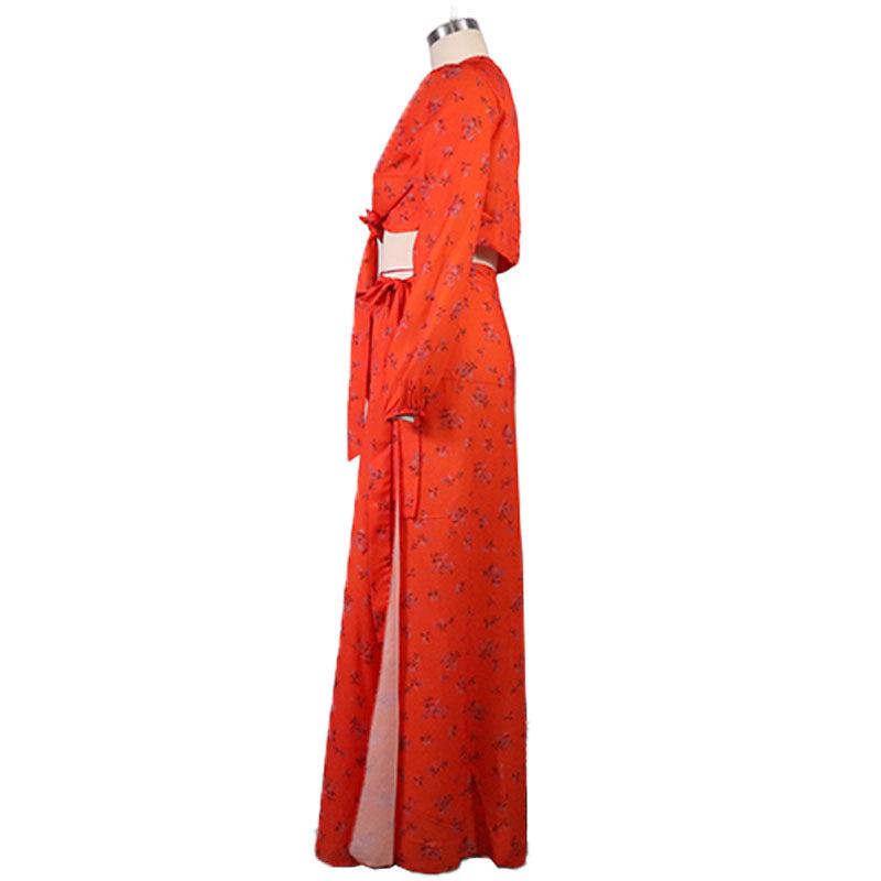 Fall Women Sexy Printed Lace-Up Shirt And Split Skirt Two Piece 9