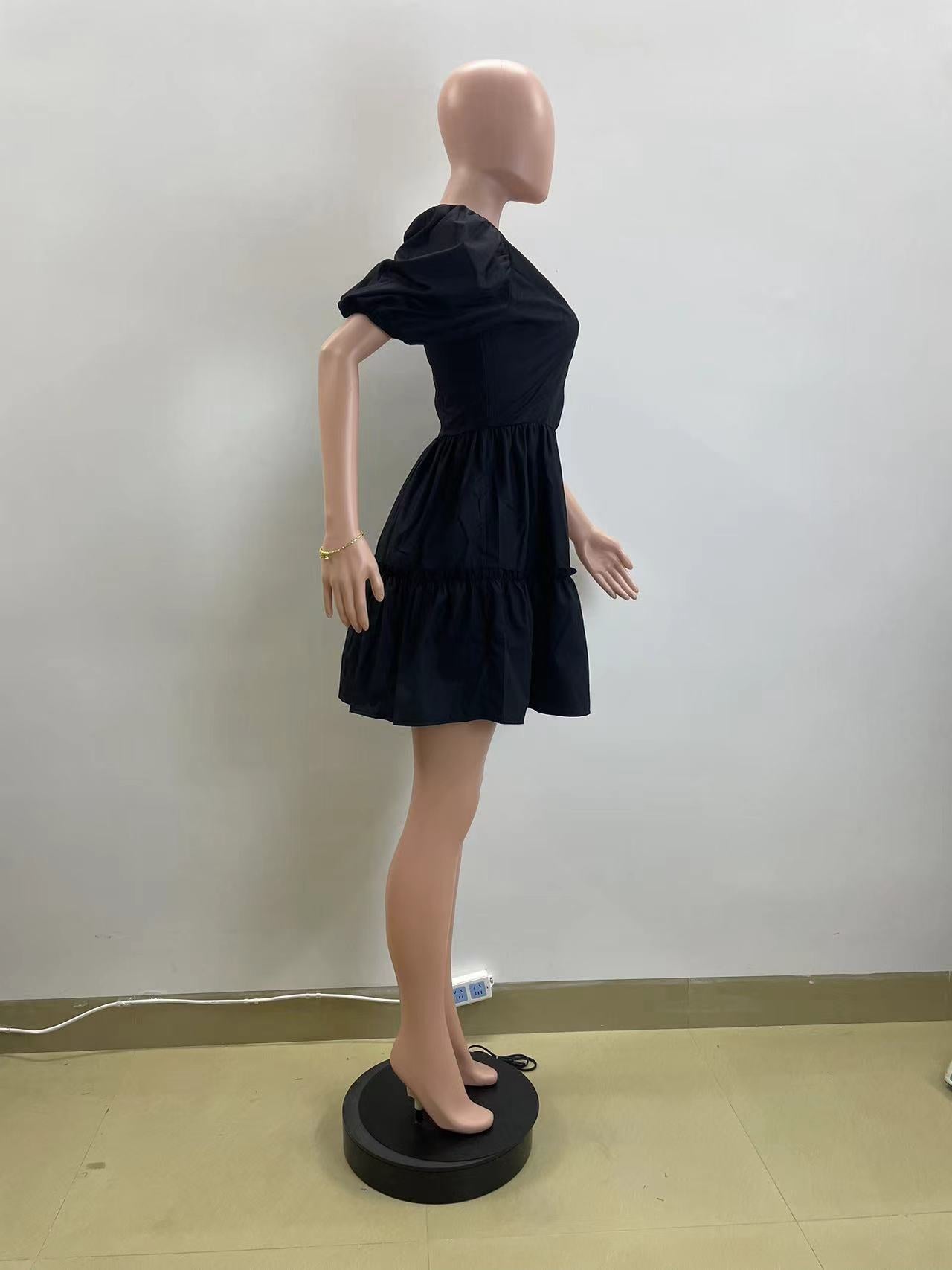 Women's Summer V-Neck Puff Sleeve Slim High Waist A-Line Dress 7