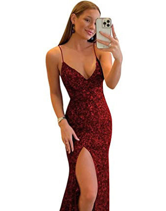 Luxury Sequin Strap Deep V Neck Low Back Formal Party Evening Dress（Processing time need 3-6 days） 5