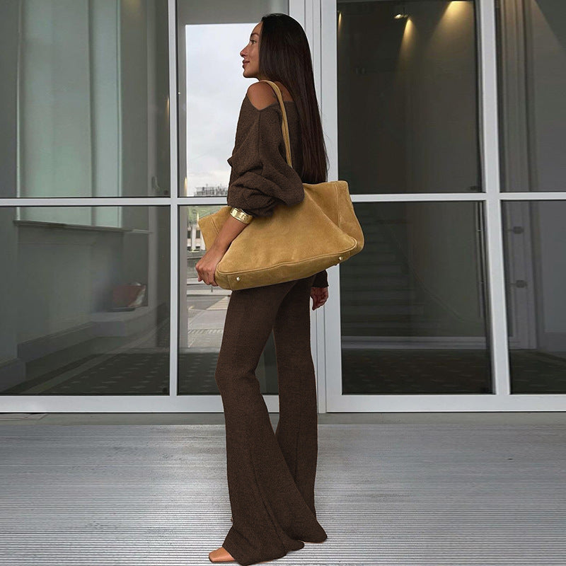 Fashion Women's Autumn Slash Shoulder Long-Sleeved Top High Waist Flared Pants Fashion Casual Set 10