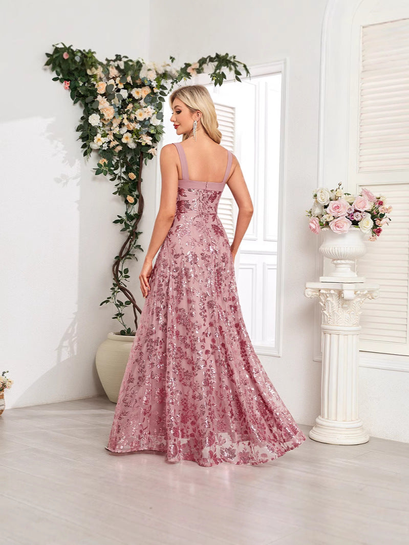 Women Sequin Flower Embroidery Slit Party Dress 3