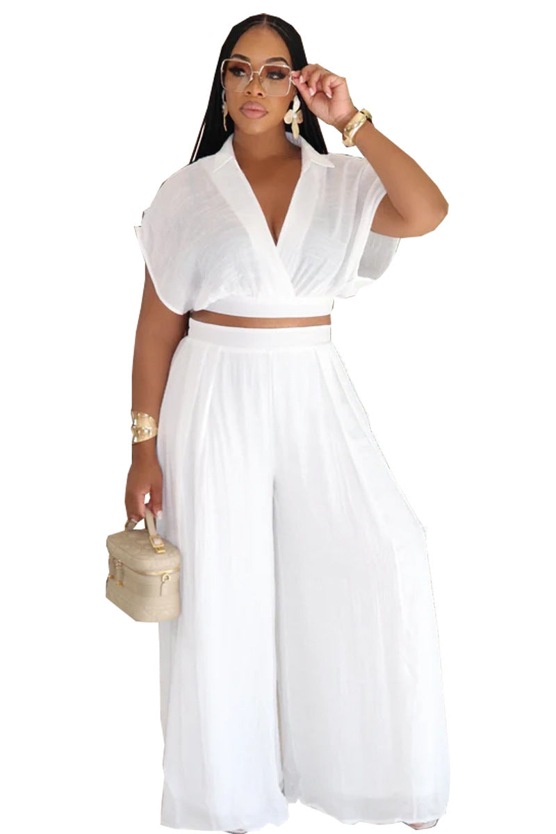 Women african solid turndown collar v neck top wide leg pants two piece set 7