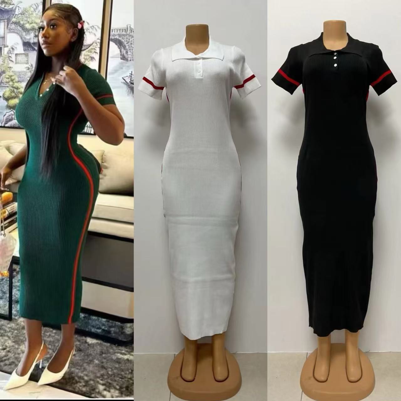 Women's Fashion Turndown Collar V-Neck Short Sleeve Knit Midi Dress 5