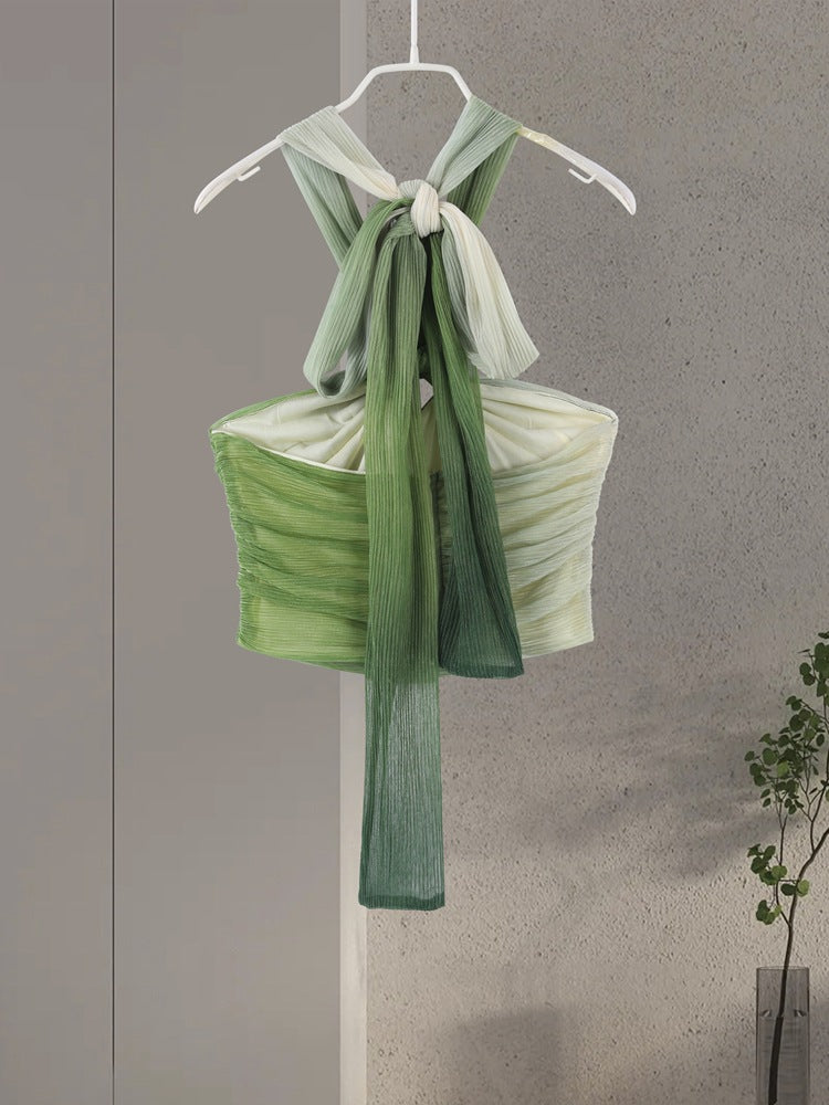 Women Summer Gradient Halter Neck Suspender Top and Skirt Two-Piece Set 6