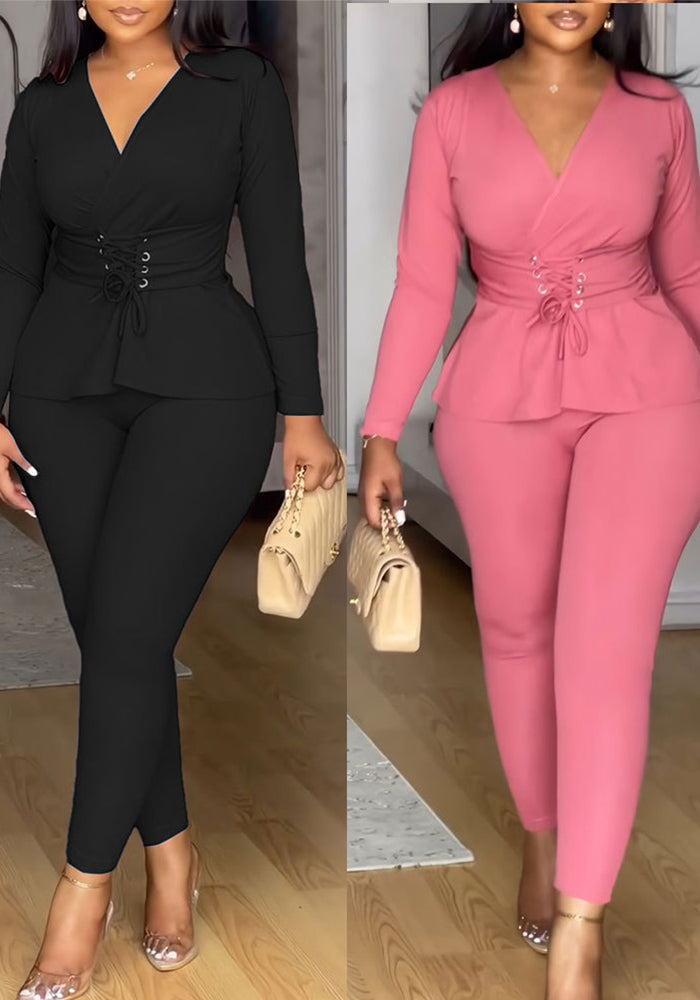 Solid Color V-Neck Slim Waist Long-Sleeved Pants Set