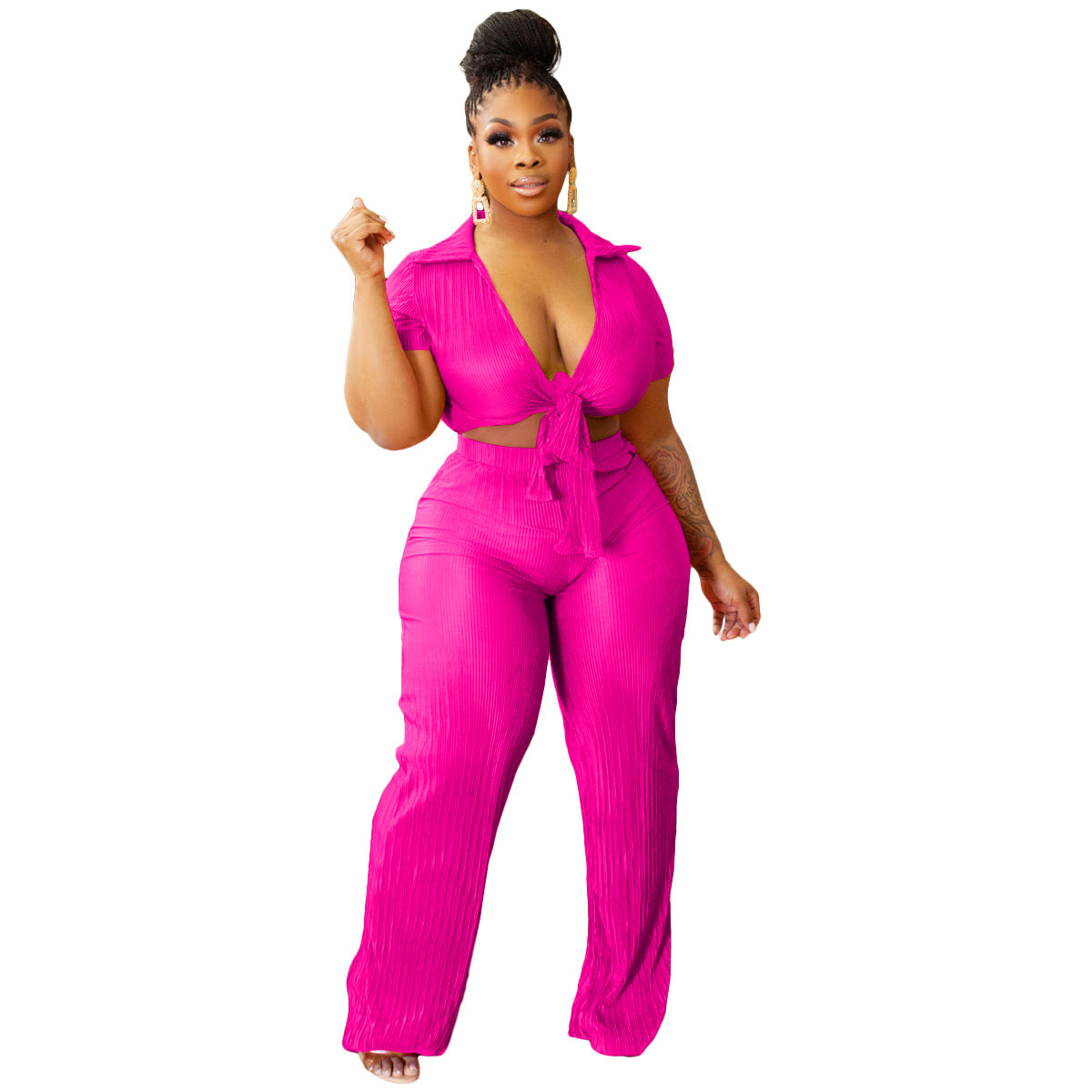 Women Lace-Up Crop Top and Pleated Wide-Leg Pants Two-Piece Set 10