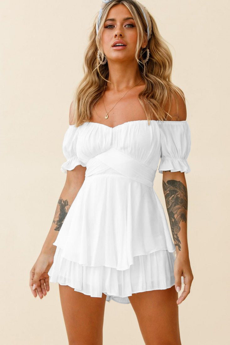 Jumpsuit Solid Color Fashion Sexy Off Shoulder Lantern Ruffle Sleeve Casual Summer Women's Shorts 3