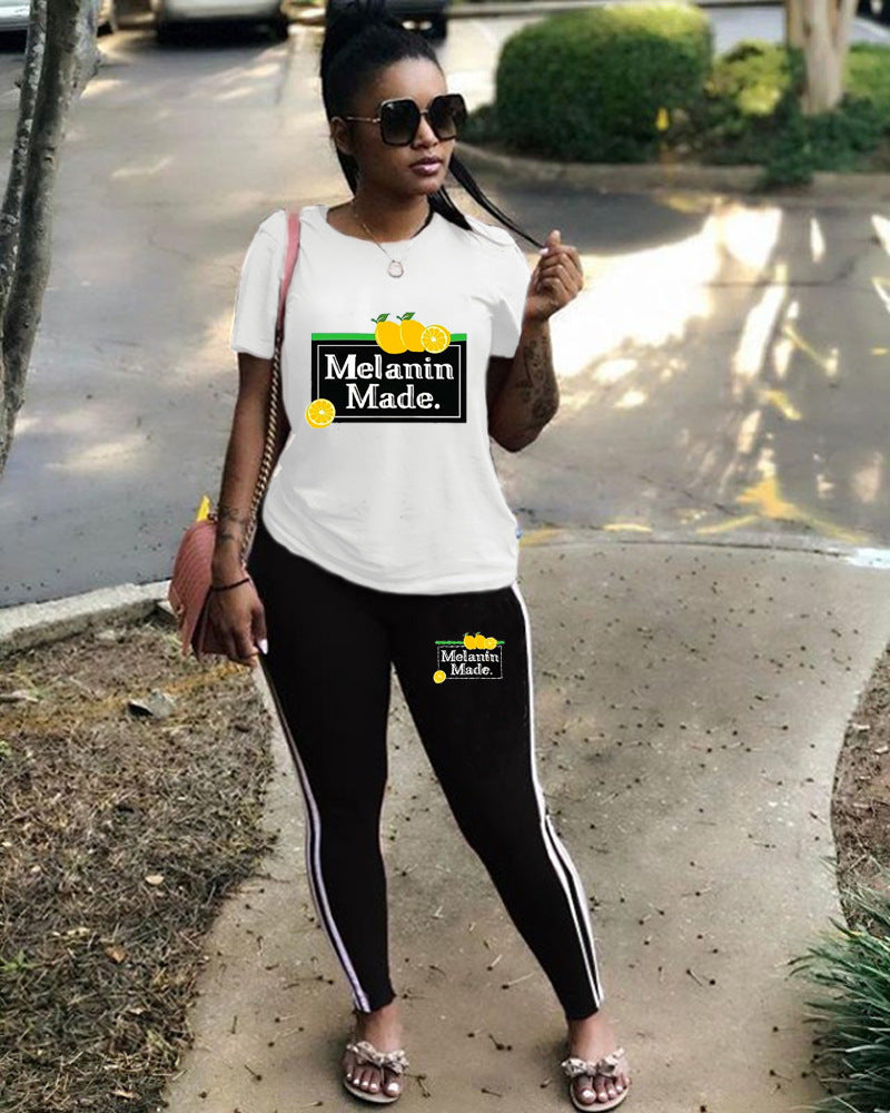 Women Casual Solid Print Short-Sleeved Top and Pants Two-Piece Set 3