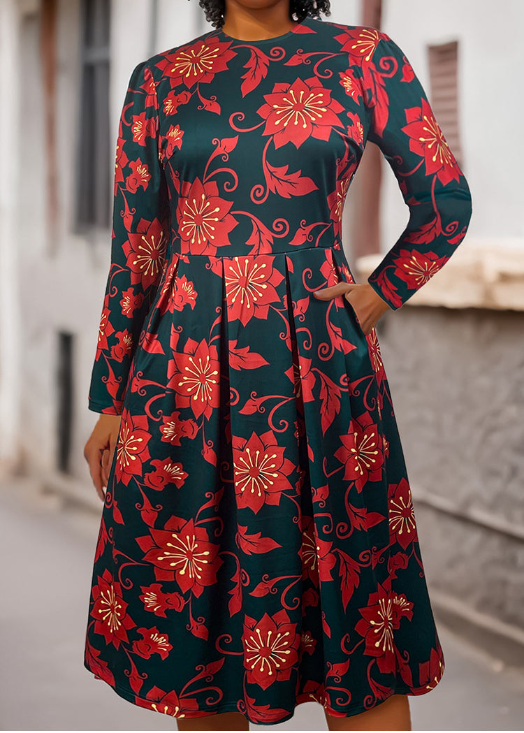 Autumn And Winter Women Flower Print Plus Size Long Sleeve Round Neck Dress